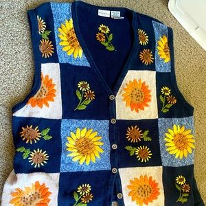 Vintage White Stag Multicolor Embroidered Sunflower Beaded Knit Vest Size 22w